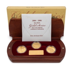 THE ROYAL AUSTRALIAN MINT RARE BIRD PROOF COIN COLLECTION comprising of the 2004 $200 Cassowary, the 2005 $200 Malleefowl and the 2006 $200 Red-tailed Black Cockatoo, beautifully presented in the original jarrah velvet-lined case and accompanied by individual Certificates of Authenticity indicating that this is set No.753. (3 coins).