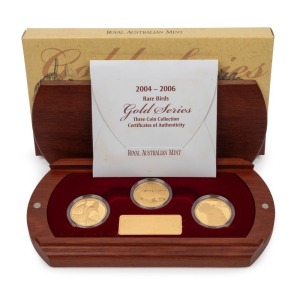 THE ROYAL AUSTRALIAN MINT RARE BIRD PROOF COIN COLLECTION comprising of the 2004 $200 Cassowary, the 2005 $200 Malleefowl and the 2006 $200 Red-tailed Black Cockatoo, beautifully presented in the original jarrah velvet-lined case and accompanied by individual Certificates of Authenticity indicating that this is set No.754. (3 coins).
