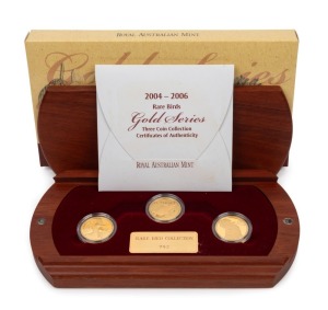 THE ROYAL AUSTRALIAN MINT RARE BIRD PROOF COIN COLLECTION comprising of the 2004 $150 Cassowary, the 2005 $150 Malleefowl and the 2006 $150 Red-tailed Black Cockatoo, beautifully presented in the original jarrah velvet-lined case and accompanied by individual Certificates of Authenticity indicating that this is set No.792. (3 coins).