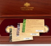 THE ROYAL AUSTRALIAN MINT RARE BIRD PROOF COIN COLLECTION comprising of the 2004 $150 Cassowary, the 2005 $150 Malleefowl and the 2006 $150 Red-tailed Black Cockatoo, beautifully presented in the original jarrah velvet-lined case and accompanied by indivi - 2