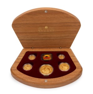 THE AUSTRALIAN NUGGET 2000 PROOF SET OF FIVE "KANGAROO" COINS featuring the $100 (1oz), plus $50, $25, $15 and $5 Kangaroos, all attractively presented in the original timber case of issue and packaging; accompanied by a plaque which identifies this as Set. No.053 of only 1,665.