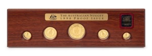THE AUSTRALIAN NUGGET 1998 PROOF SET OF FIVE "KANGAROO" COINS featuring the $100 (1oz), plus $50, $25, $15 and $5 Kangaroos, all attractively presented in the original jarrah timber display of issue which incorporates a plaque which identifies this as one of only 375 sets produced. Contained in the original leather sleeve.
