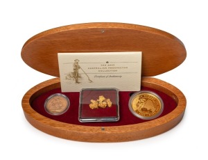 2003 AUSTRALIAN PROSPECTOR COLLECTION from The Perth Mint: comprising of the $100 (1oz) Canvas Town pure gold coin, an uncirculated 1903P Sovereign, and several loose Gold Nuggets weighing 7.34 grams. All presented in an oval-shaped timber case featuring a prospector leaning on his shovel and accompanied by a Certificate of Authenticity numbered 057 of only 150 produced.