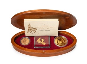 2002 AUSTRALIAN PROSPECTOR COLLECTION from The Perth Mint: comprising of the $100 (1oz) Dry Blowing Prospector pure gold coin, an uncirculated 1902P Sovereign, and several loose Gold Nuggets weighing 7.91 grams. All presented in an oval-shaped timber case featuring a prospector with his dry blowing equipment and accompanied by a Certificate of Authenticity numbered 044 of only 150 produced.