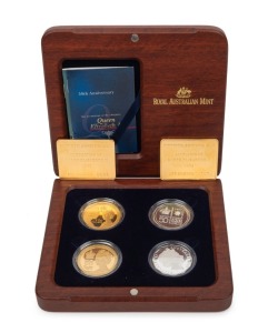 Her Majesty Queen Elizabeth II The Golden Jubilee Proof Collection 2002-2003 from the Royal Australian Mint: 2002 $100 (1oz) pure gold 50th Anniversary of the Accession, together with the silver 50c Accession Proof (numbered set 1707 of the 2002 produced); together with the 2003 $100 (1oz) pure gold 50th Anniversary of the Coronation, together with the silver 50c Coronation Proof (numbered set 0093 of the 2003 produced). The four Proof coins, together with numbered plaques and Certificates