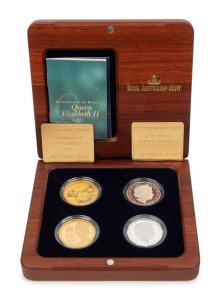Her Majesty Queen Elizabeth II The Golden Jubilee Proof Collection 2002-2003 from the Royal Australian Mint: 2002 $100 (1oz) pure gold 50th Anniversary of the Accession, together with the silver 50c Accession Proof (numbered set 0648 of the 2002 produced); together with the 2003 $100 (1oz) pure gold 50th Anniversary of the Coronation, together with the silver 50c Coronation Proof (numbered set 0096 of the 2--3 produced). The four Proof coins, together with numbered plaques and Certificates