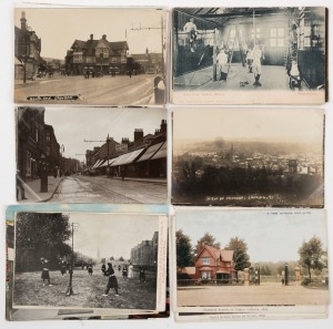 Postcards: BRITISH ISLES - LONDON: A collection of mainly photographic postcards featuring street and bird's-eye views of the city and surrounding suburbs, Petticoat Lane market, Piccadilly Circus, Croydon, South Norwood, Addington, various grammar school halls and sportsgrounds, terrace houses, churches, etc. (Total: 50; 43 unused; 7 used)