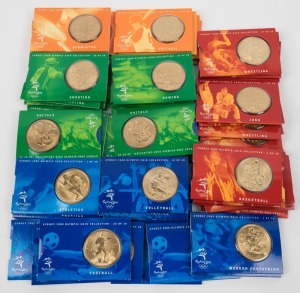2000 Sydney Olympics $5 bronze coins, two complete sets of 28, issued in 1997 and all in original credit-card style packs. Unc. (56).