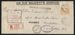 Kangaroos - First Watermark: June 1914 usage of 4d Orange, perforated Large OS, attractively tied on OHMS registered cover from PERTH and addressed to Cottesloe Beach; with D.L.O. markings as well as COTTESLOE cds. The original contents, a letter regarding a claim on a piece of land at Cottesloe, is still present.