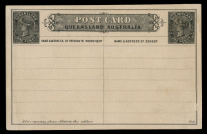 QUEENSLAND - Postal Stationery : POSTAL CARDS: 1880 1d unissued Postal Card Essay in Black with two impressions of the First Sideface 1d Die I in the upper-left or upper-right corners of the card, with identical wording on the face and reverse to the Ѕd Postal Card essay (see lot 1). Only 3 recorded. Ex R.A. Butler.