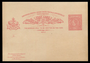 QUEENSLAND - Postal Stationery : POSTAL CARDS:1891 UPU 1½d Reply Postal Card set of 6 Government Printer Essays on buff card comprising Message Halves in green, bistre or black, all roughly separated by hand, and Reply Halves in carmine, brown or salmon, all machine cut, each Card with inscription at lower left 'The annexed Card is intended for the answer./(Le Carte jointe est destinie a la response).' Rare assembly. (6)