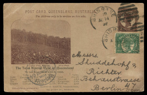 QUEENSLAND: POSTAL CARDS (VIEWS): (H&G #10) 1898 1d Medallion Design with Two-Line Header and Curved-Corners to Views: unused (2) "Parliament Hose, Brisbane" & "Vineyard, Nudgee" and 1899-1902 postal usages (5), comprising "Parliament Hose, Brisbane" (2), "Corner Queen and Edward Streets, Brisbane", "Glengallan Station, near Warwick" and "Arrowroot Field, Pimpama", the latter with advertising on the face for Albert E Harte (Sharebroker) contrary to Postal Act, and the only known example; (7).