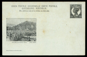 QUEENSLAND: POSTAL CARDS (VIEWS): 1898 1½d Medallion Portrait Post Card Essay Proof on thick pale blue-green stock , captioned image of 'Cane-field and Selector's House'; plus the issued design used in 1903 from Brisbane to Torino, Italy. Ex R. A. Butler. (2)