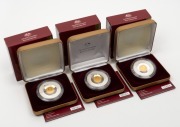 2005 "1855 SYDNEY HALF SOVEREIGN" silver commemorative $1 with 24ct gold-plated half sovereign replica, (3) examples in original cases of issue, with Certificates of Authenticity.