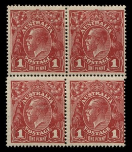 KGV Heads - Large Multiple Watermark: ONE PENNY RED HARRISON PRINTINGS: Plate 4, block of (4) [L53-54/59-60] with Ferns and 'RA' of 'AUSTRALIA' Joined. BW:74(4)ia & j, Cat $950+.