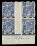 KGV Heads - CofA Watermark 3d Blue, Ash Imprint block (4, N over A) from Plate 8, stamps MUH. Cat.$375++.