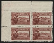 1927 (SG.105) 1&frac12;d Canberra, upper left corner blk.(4) with part Plate "9"&nbsp; visible in the top margin. BW:132zh - $1250 (if complete); stamps **.
