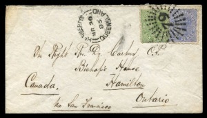 QUEENSLAND - Postal History: 1885 (Mar.20) cover to Hamilton, Ontario via San Francisco with 6d & 2d Sidefaces tied by bold strike of Rays '79' canceller, adjacent strike of Type 1a HERBERTON datestamp (Type 1a unrecorded for Herberton by Manning), on reverse, transits for CAIRNS, SYDNEY & INDEPENDENT (Ottawa) plus HAMILTON arrival datestamp. Rare Colonial destination for the period. [Herberton PO opened 1880.]