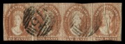TASMANIA: 1857-67 (SG.27) 1d brick-red strip of 4,&nbsp; the fourth unit with impressive "Pre-printing paper fold", the first unit with vertical marginal watermark lines, BN '75' cancels of Hobart.