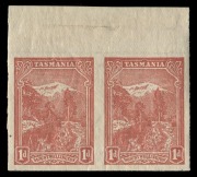 TASMANIA: 1905-11 (SG.250f) Typo using Electrotyped Plates Wmk Upright (Inverted) 1d rose-red IMPERFORATE PAIR from the top of the sheet, with large part inverted 'AUSTRALIA' sheet edge watermark in the upper margin, fine mint, Cat. &pound;700.