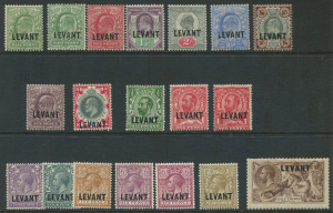 BRITISH LEVANT: 1905-21 (between SG.L1-L24) KEVII-KGV range incl. KEVII 1905-12 ½d to 1/- (ex 3d & 5d) including ½d shade, KGV 1911-13 ½d & 1d (2), 1921 3d to 2/6d Seahorse including 6d reddish purple shade (SG.L22a); KEVII 1d no gum, 2½d crease & tone, others generally fine; Cat. £260.(19)