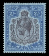 MALTA: 1921-22 (SG.103f) Multiple Script CA, KGV 2/- purple & blue (on blue) with variety "Damaged leaf at bottom right", very well centred Mint. Cat.&pound;400.