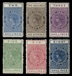 NEW ZEALAND - Revenues: POSTAL FISCALS: 1903-30 Queen Victoria, wmk Sideways, mixed perfs and papers: 2/- blue, 2/6 grey-brown, 3/- purple, 5/- yellow-green, 6/- rose and 8/- deep blue, all with gum. (6). Cat.£1300+.