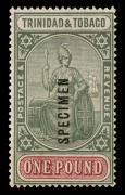 TRINIDAD & TOBAGO: 1921-22 (SG.206s-215s) &frac12;d - &pound;1 definitives complete set overprinted SPECIMEN (Cat.&pound;300), plus other B.W.I. material including Bahamas KGV to 1/-, Dominca to 1/-, Jamaica SG.78 - 88 (set to 5/-), etc. (51). M/FU. Mainly fine.