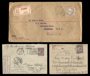 Kangaroos - Third Watermark: 9d Violet: Three commercial covers, each bearing a single 9d: Aug.1919 on reg'd cover from Sandgate Qld to California (Cat.$600); Mar.1925 on reg'd cover from Albany W.A. to California (Cat.$600); and June 1929 on cover carried by Air from Adelaide to Perth, then by sea to Vienna, Austria (Die 2b - Cat $550). (3 covers). A most attractive trio.