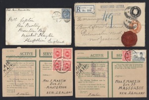 NEW ZEALAND - Postal History: A few oddments, comprising of four 1880s-90s covers (3 with 2nd Sideface adhesives), two different "Pelorus Jack" postcards, a 1920 incoming 2d KGV Registration Envelope from London to Palmerston North, and two N.Z. Active Service Envelopes from Egypt to Masterton with Army Post frankings. (9 items).