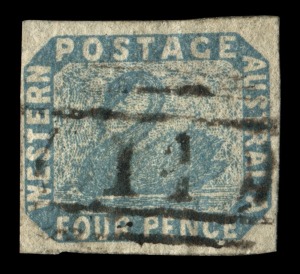 WESTERN AUSTRALIA: 1854-55 (SG.3a) Imperforate 4d pale blue, 4-margin example with light "14" numbered grid cancel of ALBANY. Cat.£200+.