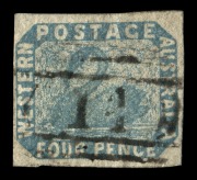 WESTERN AUSTRALIA: 1854-55 (SG.3a) Imperforate 4d pale blue, 4-margin example with light "14" numbered grid cancel of ALBANY. Cat.&pound;200+.