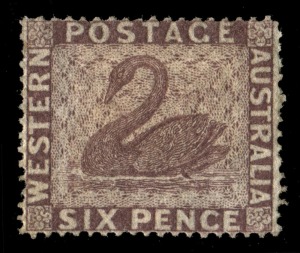 WESTERN AUSTRALIA: 1861 (SG.42) 6d purple-brown, perf.15 (approx), with large part o.g. Cat.£550.
