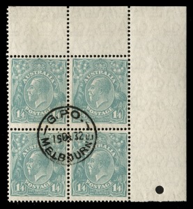 KGV Heads - Small Multiple Watermark Perf 13½ x 12½: 1/4 Greenish-blue, upper right cnr.blk.(4) CTO (with full gum) "G.P.O. MELBOURNE 19 DE 32"; from a sheet prepared for inclusion in Specimen sets. Extremely rare multiple. BW: 130w.