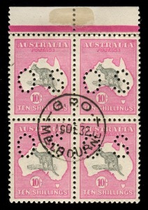 Kangaroos - Third Watermark: 10/- Grey & Aniline-Pink, marginal blk.(4) CTO with full gum. A scarce multiple from a sheet prepared for inclusion in Specimen sets. BW: 48wa.