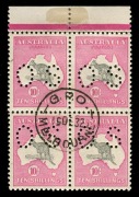 Kangaroos - Third Watermark: 10/- Grey & Aniline-Pink, marginal blk.(4) CTO with full gum. A scarce multiple from a sheet prepared for inclusion in Specimen sets. BW: 48wa.