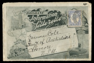 QUEENSLAND - Postal History: July 1909 usage of "The Brisbane Information Letterette" (compiled & published by Comyns & Newman) from Brisbane to Lismore, N.S.W.; an advertising lettersheet provided to guests of "Cumbooquepa" Guest House in South Brisbane, the sheet provides views of Tweed Heads, Southport and Brisbane buildings as well as advertising for Queensland Railways, "Saltwood" at Sandgate, "Clonaver" at Southport, "Hotel Daniell" in Brisbane, "Hotel Pacific" at Tweed Heads, "The Mansion
