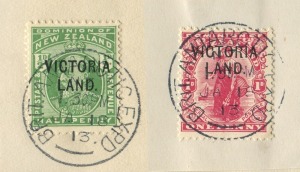 NEW ZEALAND: ANTARCTIC EXPEDITIONS: 1911-13 (SG.A2-3) ½d green Edward VII and 1d carmine Dominion, both overprinted "VICTORIA LAND" and cancelled to order on January 18th, 1913; affixed on small "certificates (reduced) for delivery to the purchasers. (2). Cat.£1090.