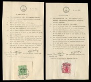 NEW ZEALAND: ANTARCTIC EXPEDITIONS: 1911-13 (SG.A2-3) &frac12;d green Edward VII and 1d carmine Dominion, both overprinted "VICTORIA LAND" and cancelled to order on January 18th, 1913; affixed on small "certificates (reduced) for delivery to the purchasers. (2). - 2