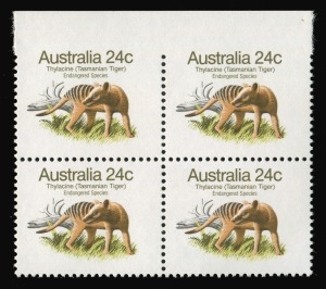 1981 24c Thylacine (Tasmanian Tiger) block (4) completely imperforate at top, MUH. BW: 903b) from the only sheet recoreded. Cat.$1200 each vertical pair).