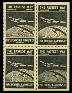 Oct.1929 (AAMC.145b) Eyre Peninsula Airways Ltd vignette (black on yellow), block (4), no gum. Extremely scarce multiple. Cat.$750. Provenance: The Nelson Eustis Gold Medal Collection, Leski Auctions, March 2008.