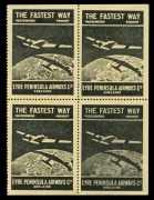Oct.1929 (AAMC.145b) Eyre Peninsula Airways Ltd vignette (black on yellow), block (4), no gum. Extremely scarce multiple. Cat.$750. Provenance: The Nelson Eustis Gold Medal Collection, Leski Auctions, March 2008.