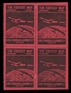 Oct.1929 (AAMC.145b) Eyre Peninsula Airways Ltd vignette (black on deep red), block (4). Mint. An extremely rare multiple. Cat.$750. Provenance: The Nelson Eustis Gold Medal Collection, Leski Auctions, March 2008.