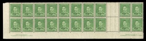 1941 (SG.183) KGVI 1½d green, double Authority Imprint blk.(20) incorporating the complete bottom two rows of the left pane and the imprint blk.4 of the right pane; both Imprints with the variety "cracked plate - State II". MUH (lightly mounted in the lower margin only). BW: 186zj, zm - "Price for double strip showing both imprints, State II, $1500".