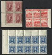 An "investment portfolio" assembled by Lionel Evans in November 1980 (and purchased for $5000+) comprising of 1st wmk Kangaroos 3d Olive (blk.4 **), 4d Orange (blk.4 **), 5d Chestnut (2, regummed), KGV&nbsp;1d Red Die 1+ Die 2 (submerged) marginal pair **, KGV - 2