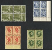 An "investment portfolio" assembled by Lionel Evans in November 1980 (and purchased for $5000+) comprising of 1st wmk Kangaroos 3d Olive (blk.4 **), 4d Orange (blk.4 **), 5d Chestnut (2, regummed), KGV&nbsp;1d Red Die 1+ Die 2 (submerged) marginal pair **, KGV - 3