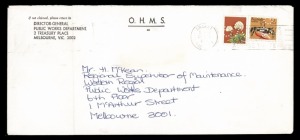 1975 (SG.608a) 18c Flower, variety "Australia 18" (black) omitted, used in combination with a 2c Fiddler Crab, both perf. VG on a 24th August 1976 OHMS cover from the Public Works Department, Melbourne to another branch of the same government organization. Believed to be unique.
