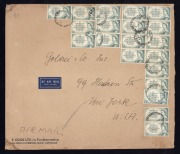 RECORD USAGE: 5 June 1953 large commercial cover sent by airmail from LIVERPOOL to NEW YORK bearing 20 x 2/- Coronation to make up the &pound;2 rate. An exceptional survivor and undoubtedly an adornment for an Elizabethan postal history exhibit!