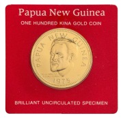 Papua New Guinea: 1975 100 Kina&nbsp;Michael Somare, gold; uncirculated in card of issue with accompanying letter.