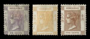 HONG KONG: 1862-3 (SG.1, 2 and 4) No wmk 2c brown, 8c yellow-buff and 18c lilac Queen Victoria definitives, Unused. (Cat. Ј2000). (3).